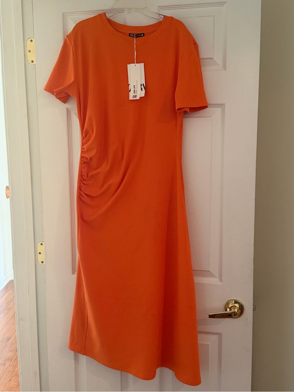 Zara Orange Short-Sleeve Midi Dress with Side Ruching and Asymmetrical Hem